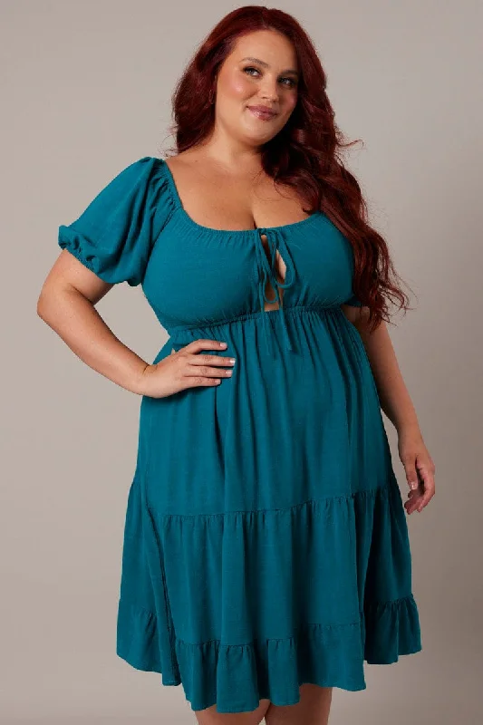 Amazing Deals Green Mini Dress Linen Blend Puff Sleeve Sweetheart Neck