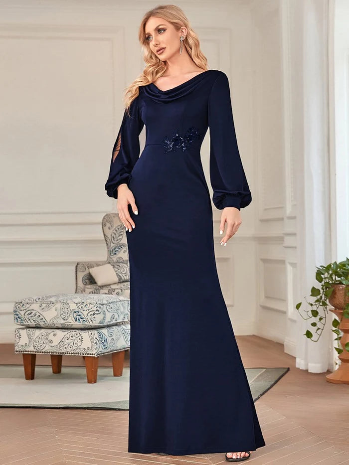 Hurry In Long Sleeve Cowl Neck Fit and Flare Mother of the Bride Dress
