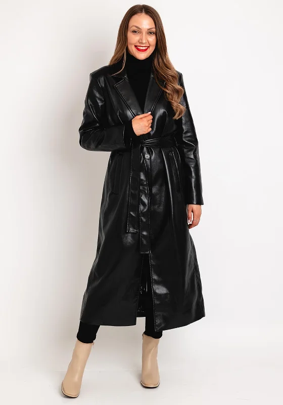 Best Bargains Guess Gea Faux Leather Belted Waist Long Coat, Black
