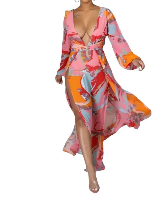 Final Sale Long Sleeve Plunge Maxi Dress In Orange Multi