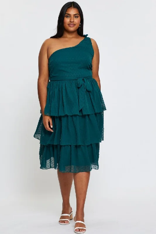 Amazing Deals Green Midi Dress One Shoulder Sleeveless