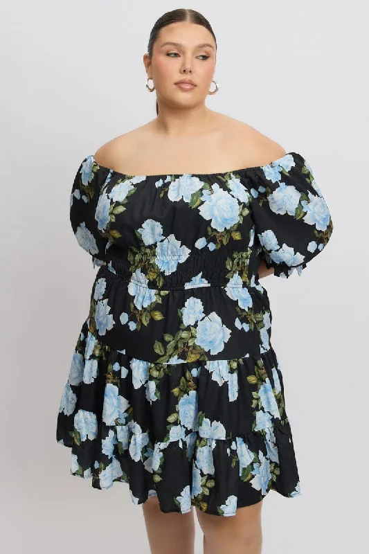 Huge Discounts Black Floral Gather Detail Frill Minidress