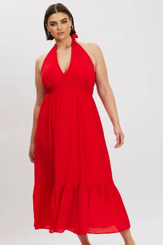 Major Savings Red Halter Neck Dress Sleeveless Textured
