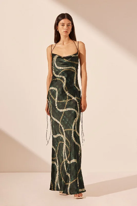Midnight Madness NOA SILK COWL NECK LACE UP MAXI DRESS