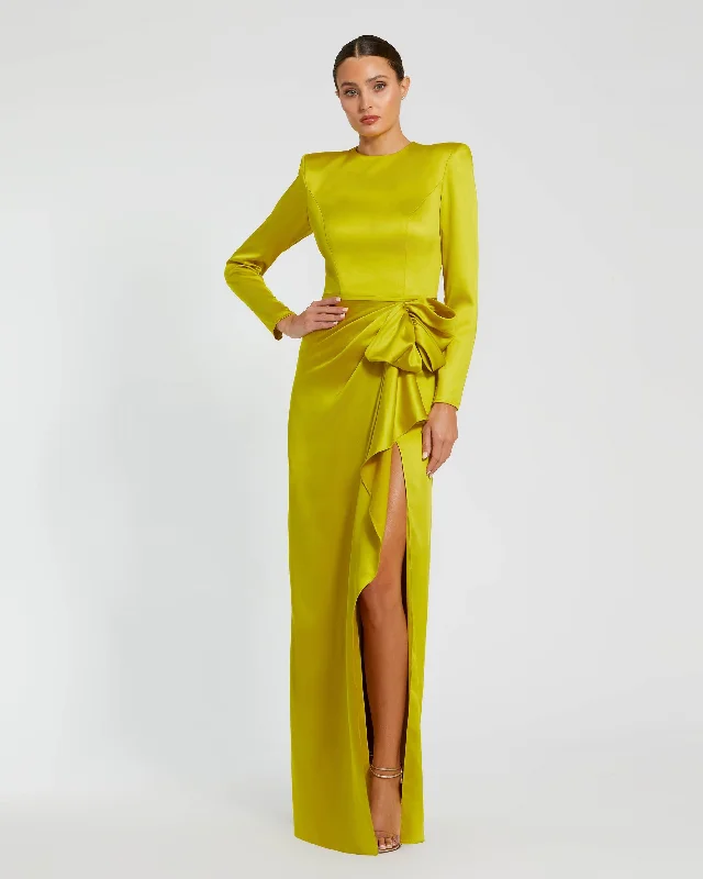 Price Reduction Chartreuse Long Sleeve Structured Bow Draped Gown
