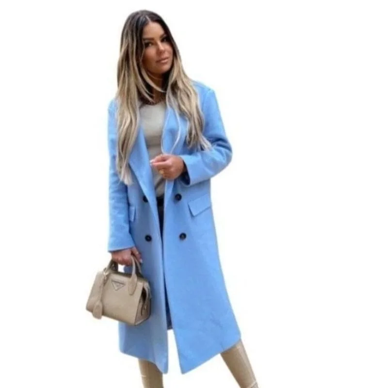 Warehouse Sale GLORIA Design Women's Fine Fashion Elegant Design Sky Blue Long Wool Coat Jacket