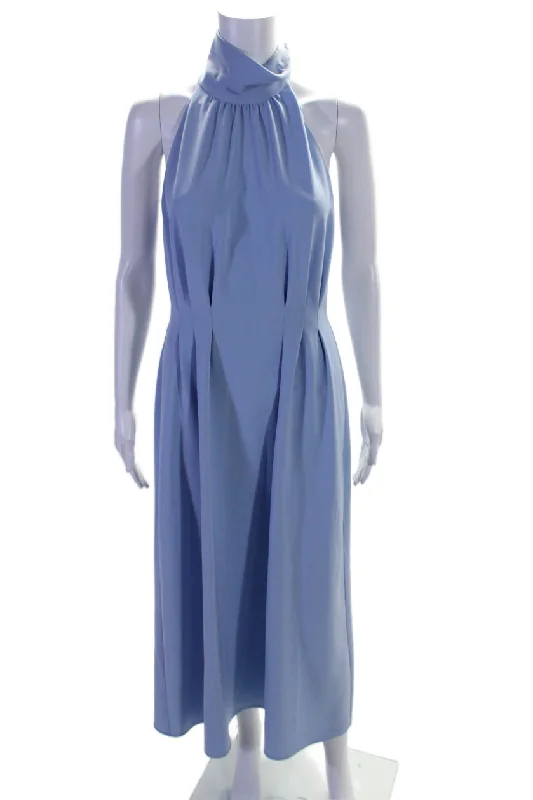 New Deals Lela Rose Womens Pleated High Neck Sleeveless Zip Up Maxi Dress Blue