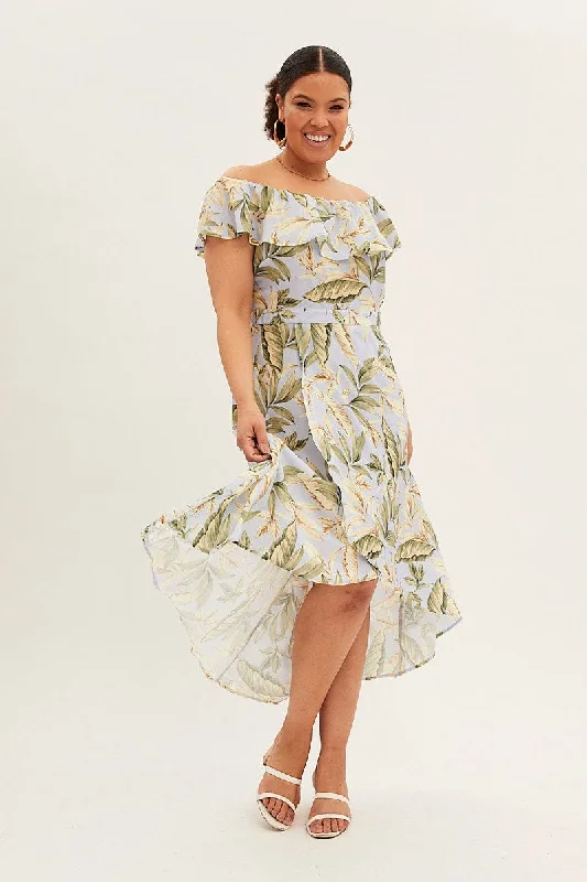 Online Only Blue Floral Maxi Dress Off Shoulder Crepe