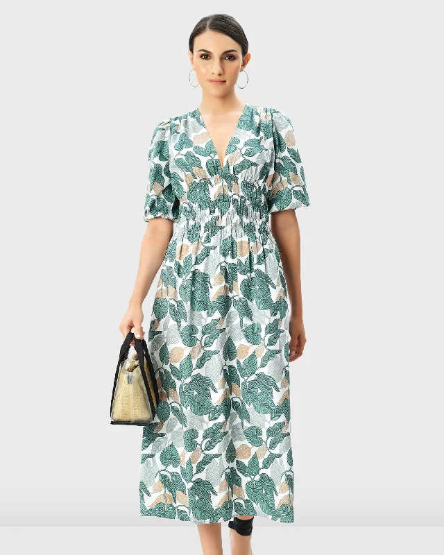 Epic Deals Smocked Empire Waist Leaf Print Cotton Poplin Dress | White