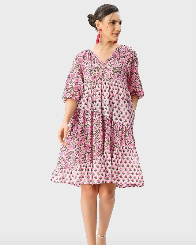 Price Break Mixed Floral Hand Block Print Cotton Asymmetric Tier Dress | Green