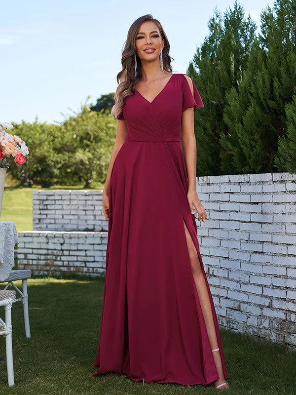 Unmissable Offer A-Line/Princess Chiffon Ruched V-Neck Short Sleeves Floor-Length Bridesmaid Dresses Unmissable Offer A-Line/Princess Chiffon Ruched V-Neck Short Sleeves Floor-Length Bridesmaid Dresses