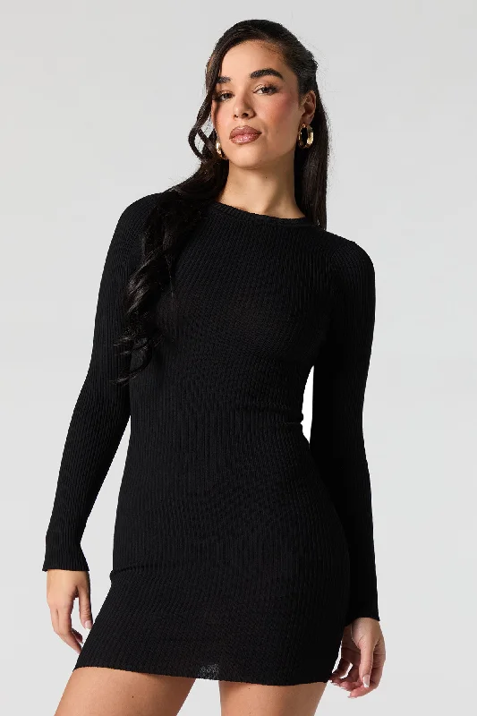 Clearance Event Ribbed Knit Long Sleeve Mini Sweater Dress