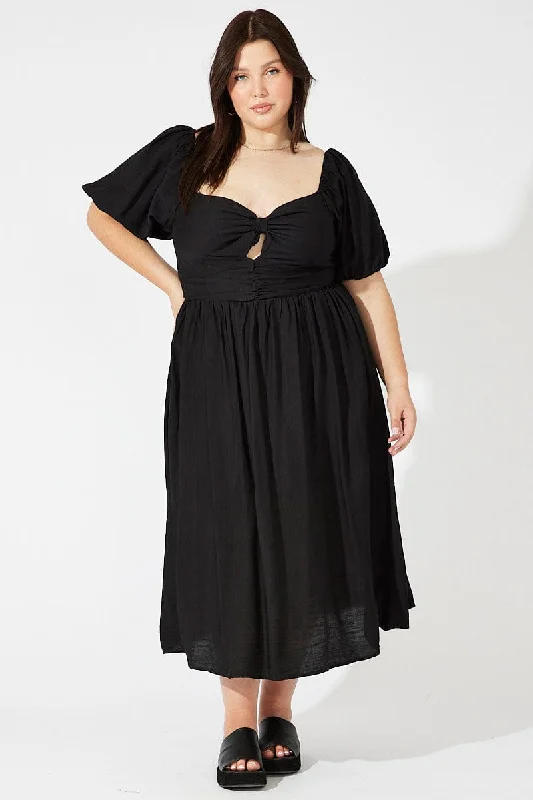 YEAR-End Clearance Black Ruched Waist Detail Midi Dress