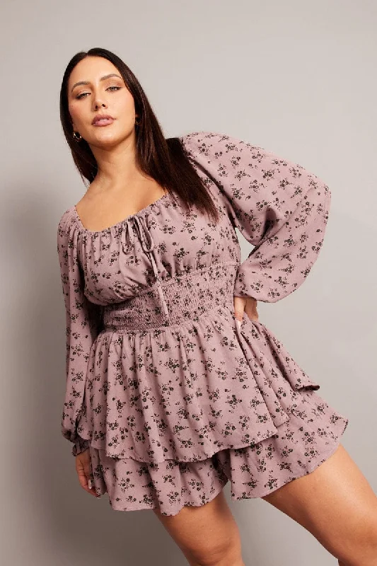 Bargain Prices Purple Ditsy Ruffle Playsuit Long Sleeve