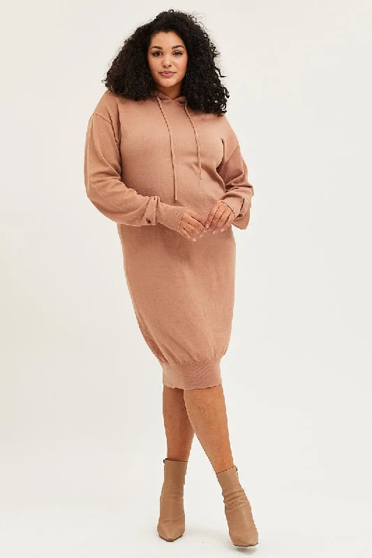 Markdowns Brown Plus Long Sleeve Hoodie Knit Dress