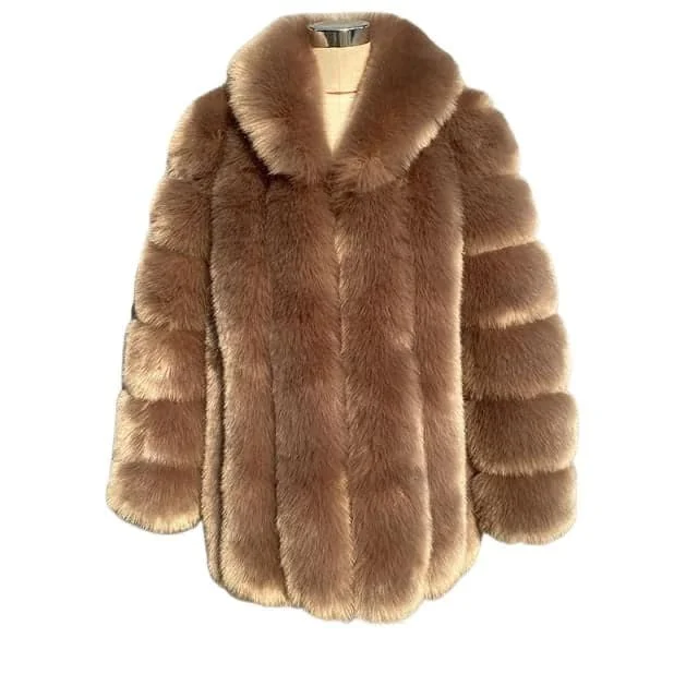 Reduced Prices HQL Design Women's Fine Fashion Premium Quality Elegant Light Brown Caramel Faux Fur Collar Coat Jacket