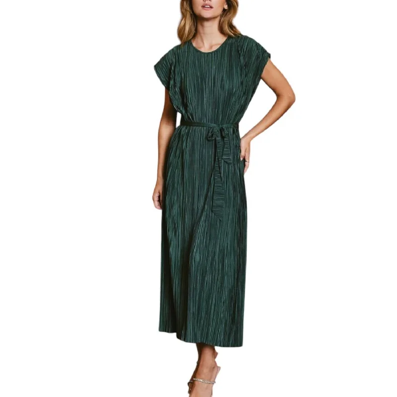 Grand Opening Sale Micro Pleat Cap Sleeve Maxi Dress In Midnight Green