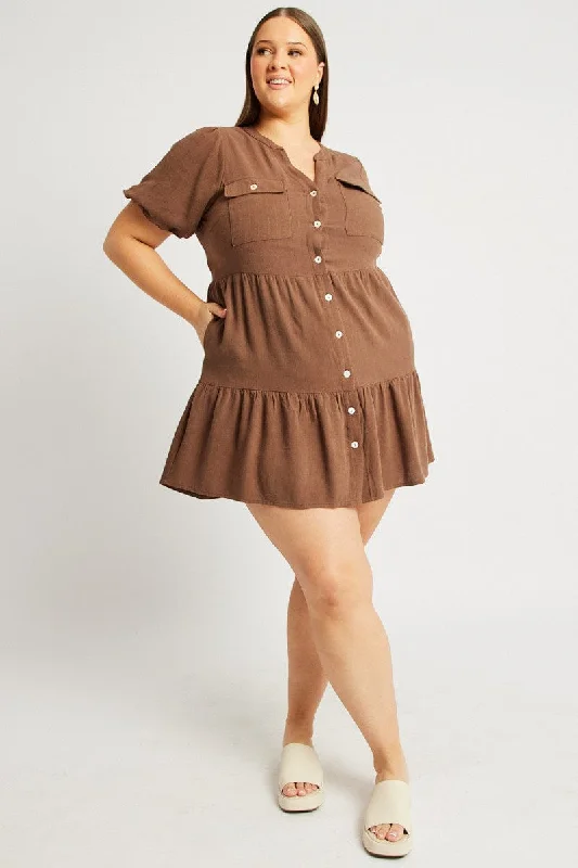 Unbeatable Prices Brown Button Through Mini Dress Nehru Collar Linen Blend