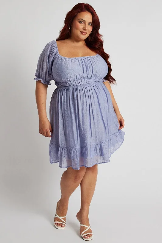 Savings Event Blue Mini Dress Gather Waist Frill Hem