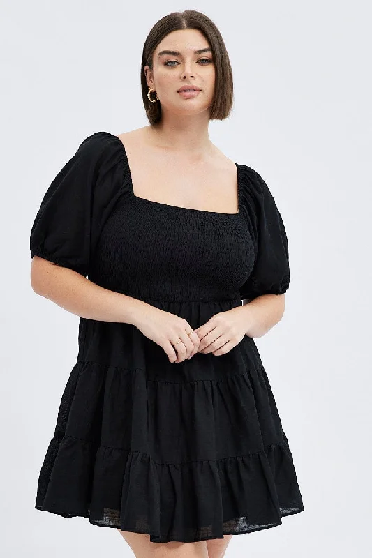 Holiday Sale Black Fit And Flare Dress Short Sleeve Shirred