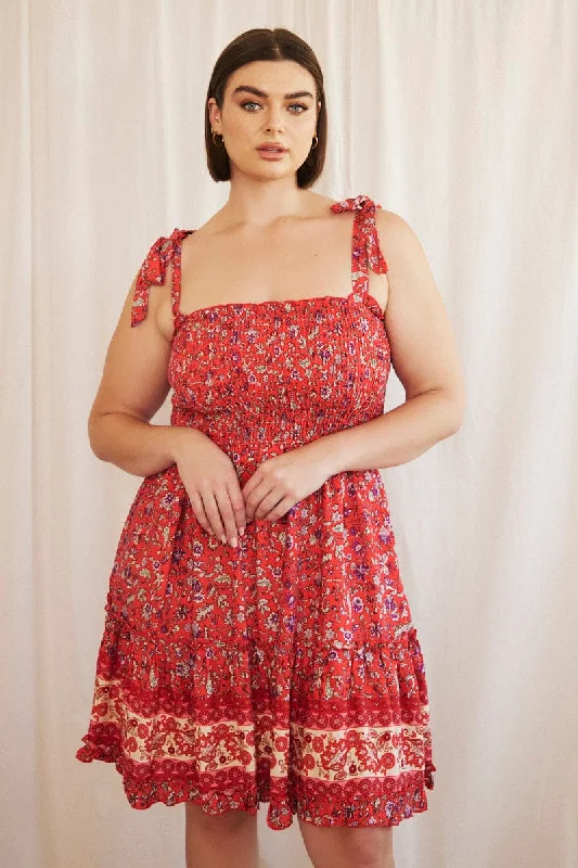 Weekend Deal Red Boho Fit And Flare Dress Sleeveless Shirred