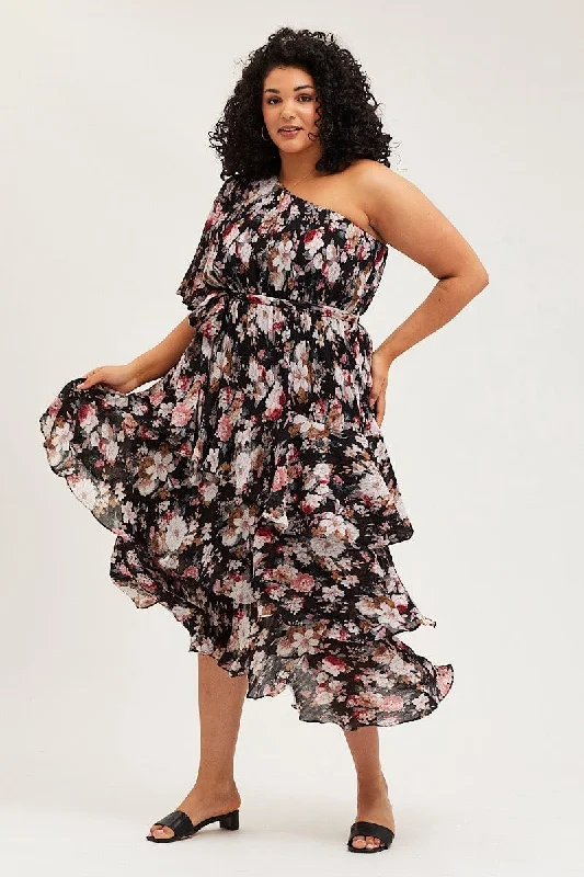 Year-End Sale Floral Print Midi Dress One Shoulder Long Sleeve