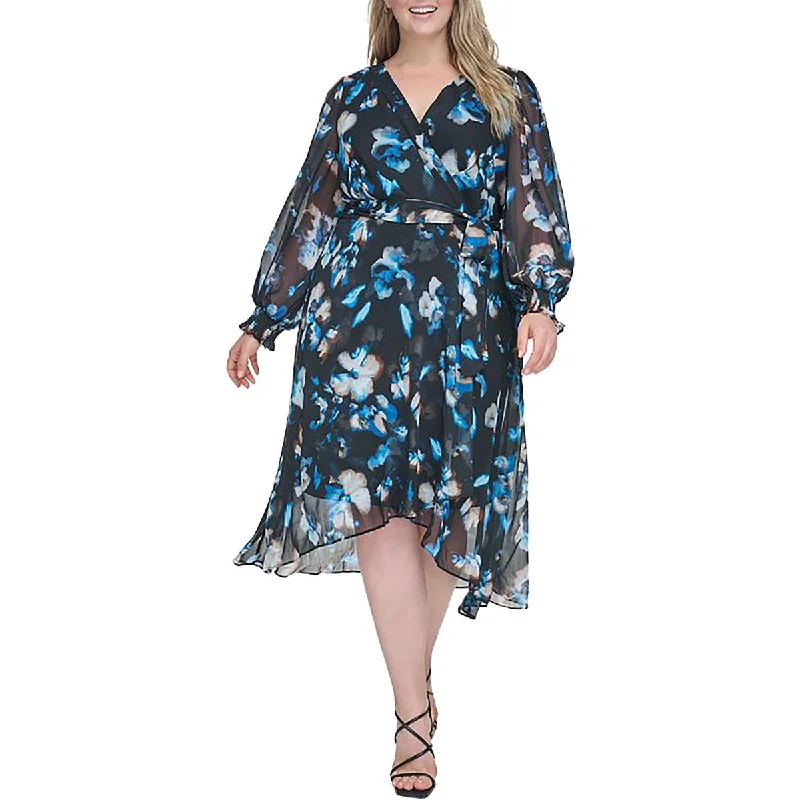 Great Deals Plus Womens Chiffon Balloon Sleeves Wrap Dress