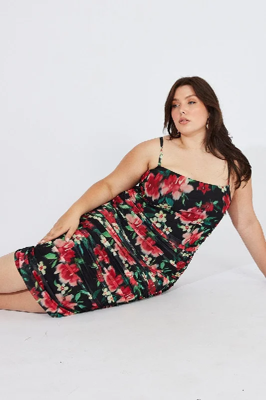 Unmissable Offer Black Floral Mesh Dress Sleeveless Ruched