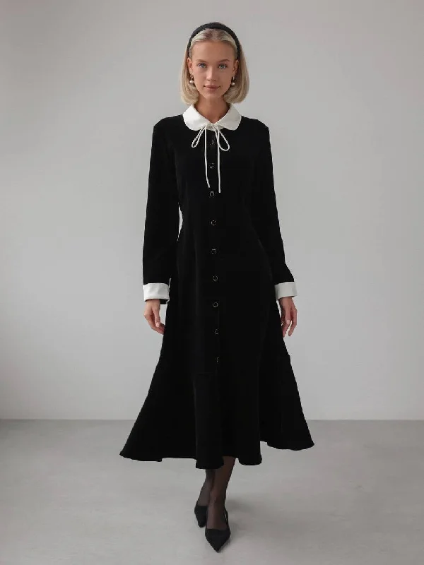 Exclusive Savings Black Velvet Midi Dress with White Collar