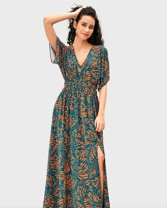 Price Buster Graphic Butterfly Print Georgette Smocked Waist Dress | Deep teal