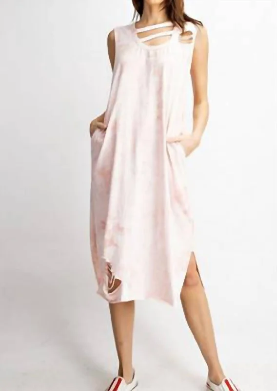Can't Be Beat Distressed Tiedye Midi Dress In Faded Coral