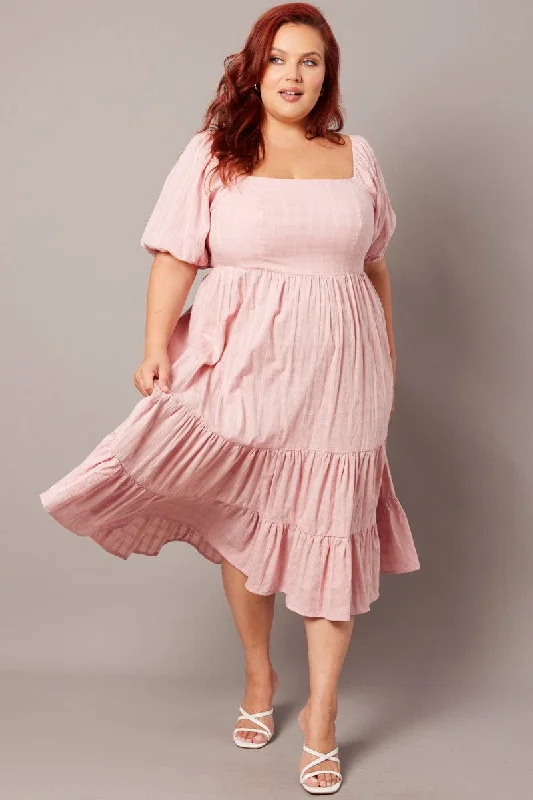 Hurry In Pink Textured Check Midi Dress