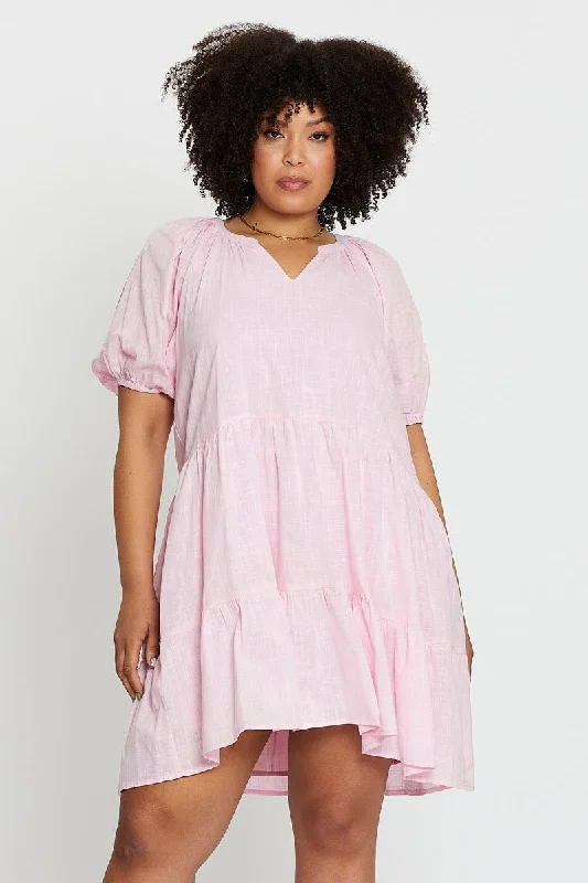 Final Clearance Pink Puff 3/4 Sleeve Textured Cotton Pink Layer Dress