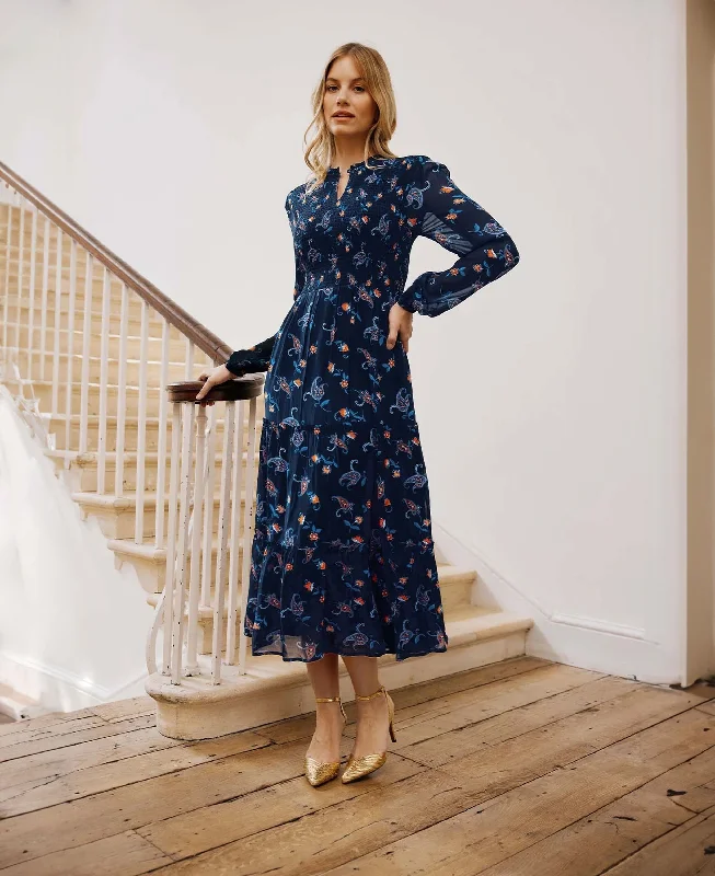 Price Slash Arabelle Dress - Budding Paisley Navy/Orange