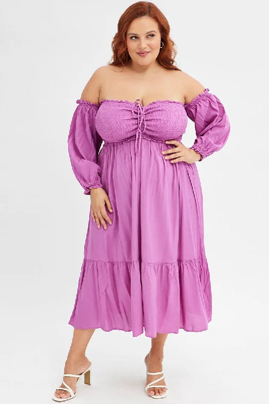Deep Discounts Purple Midi Dress Off Shoulder Shirred