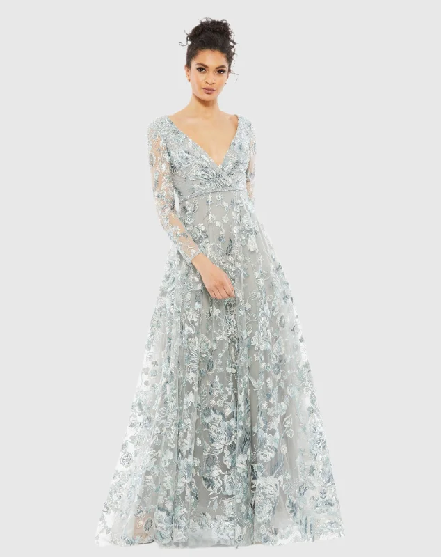 Bargain Prices Blue Embellished V Neck Illusion Long Sleeve A Line Gown