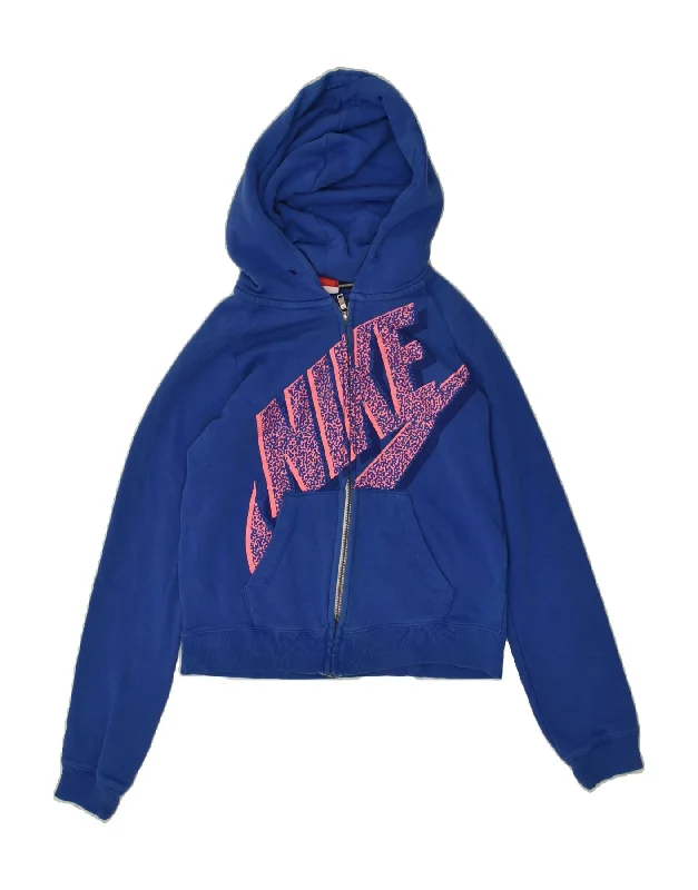 Online Exclusive NIKE Womens Graphic Zip Hoodie Sweater UK 6 XS Blue Cotton