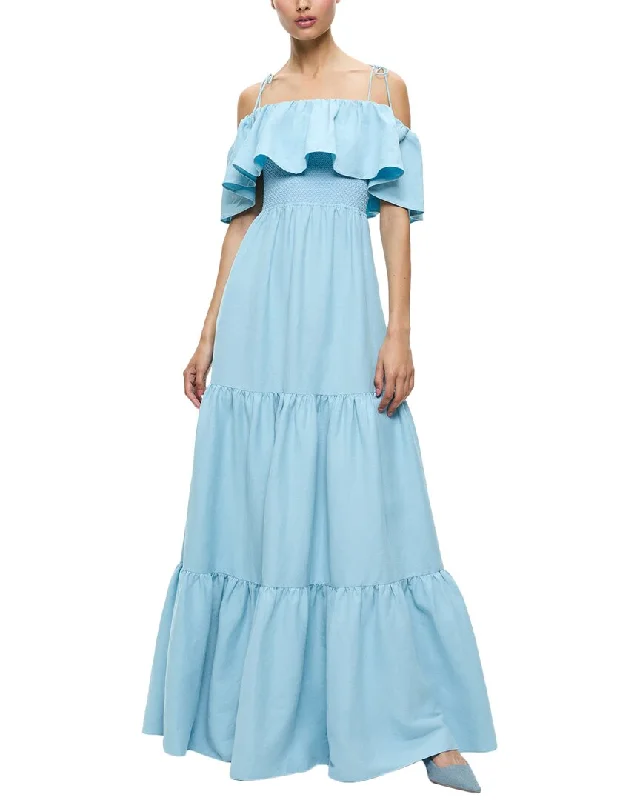 Epic Deals alice + olivia Kia Off Shoulder Tiered Linen-Blend Midi Dress