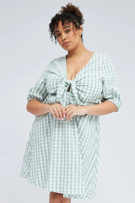 Flash Deals Green Check Mini Dress Tie Gingham Puff Sleeve