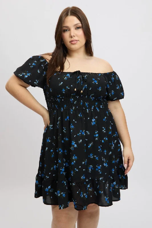 Super Sale Black Ditsy Scoop Neck Tie Front Shirred Waist Minidress