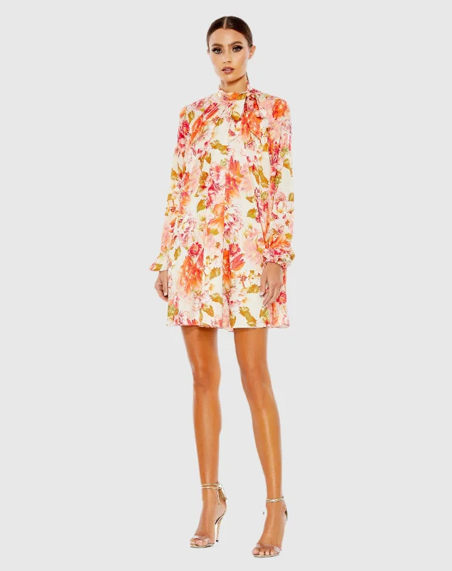 Don't Wait Floral Print High Neck Tie Puff Sleeve Flowy Mini Dress