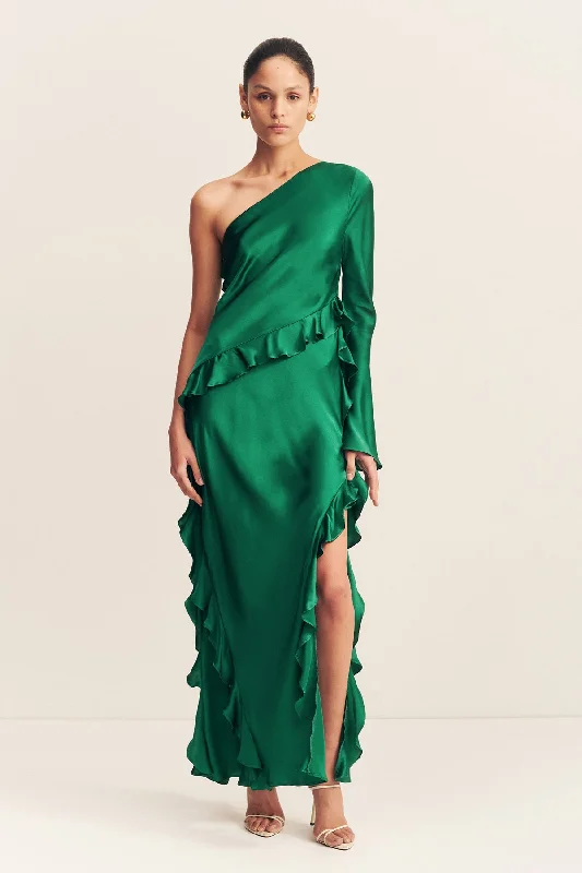 Huge Discounts ELLE SILK ASYMMETRICAL ONE SHOULDER RUFFLE MAXI DRESS - EMERALD GREEN