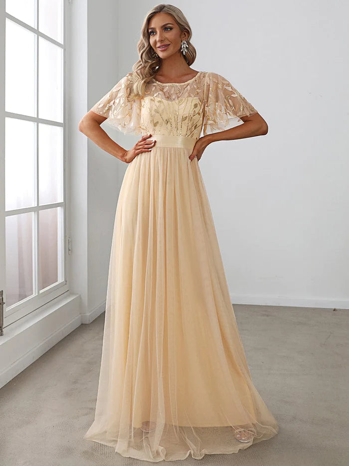 Clearance Sale Women's A-Line Short Sleeve Embroidery Floor Length Wedding Guest Dresses