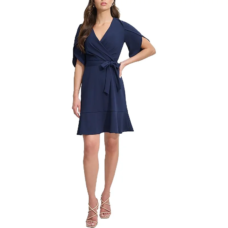 Online Only Petites Womens Belted Pleated Fit & Flare Dress
