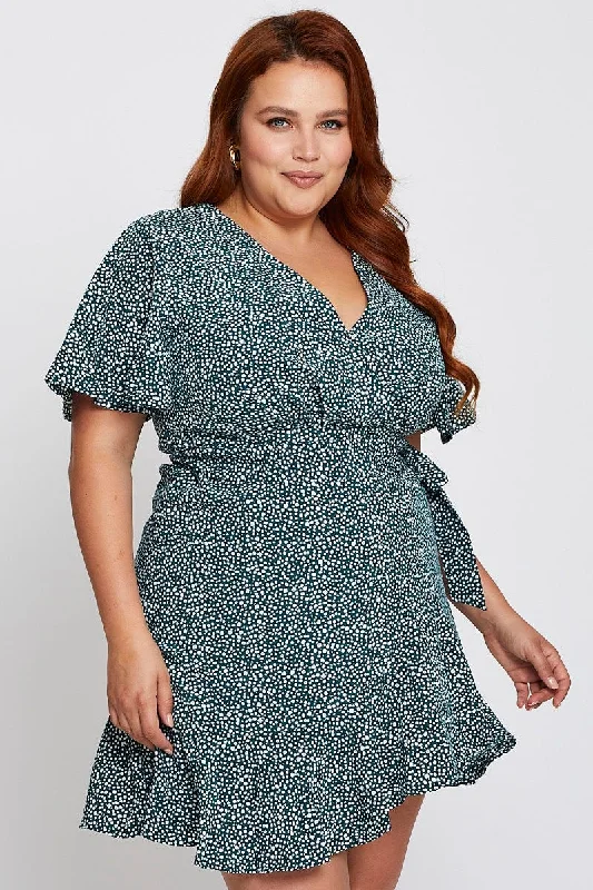 Holiday Sale Geo Print Floral Wrap Bell Sleeve Dress
