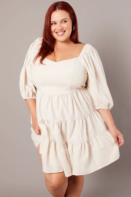The Best Prices Beige Puff Three Quarter Sleeve Sweetheart Neck Dress