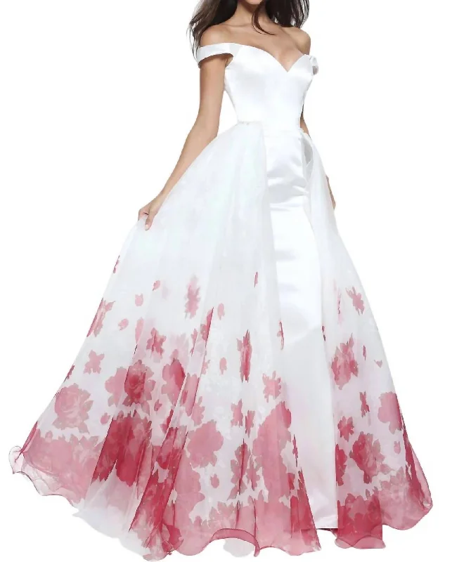 Final Clearance Satin Floral Prom Dress In Ivory/red Print