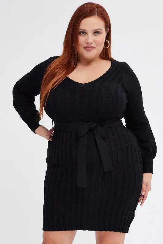 Today Only Black Knit Dress Long Sleeve Wide Rib Belted