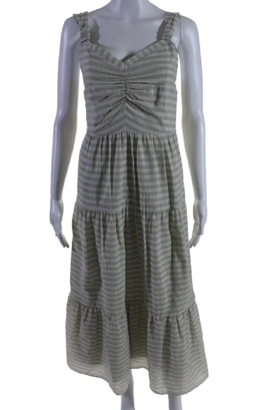 Deal Explosion Ecru Womens Striped V Neck Mirren Gather Front Tiered Dress Gray