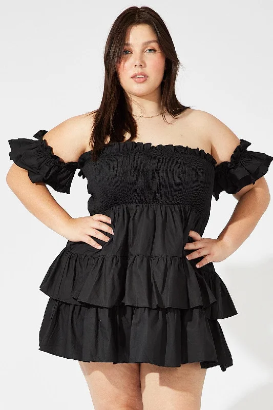Steals and Deals Black Mini Dress Off Shoulder Cotton Frilled